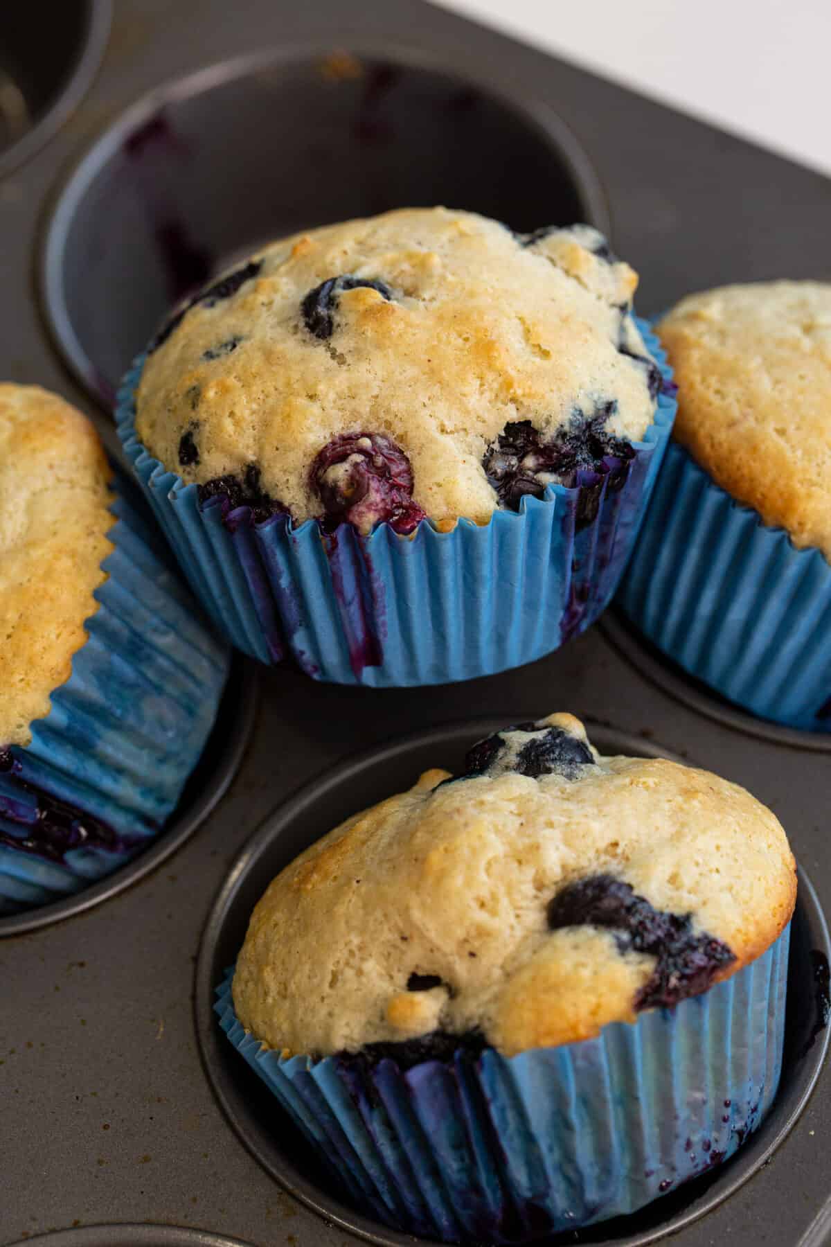 blueberry buttermilk muffins in baking pan
