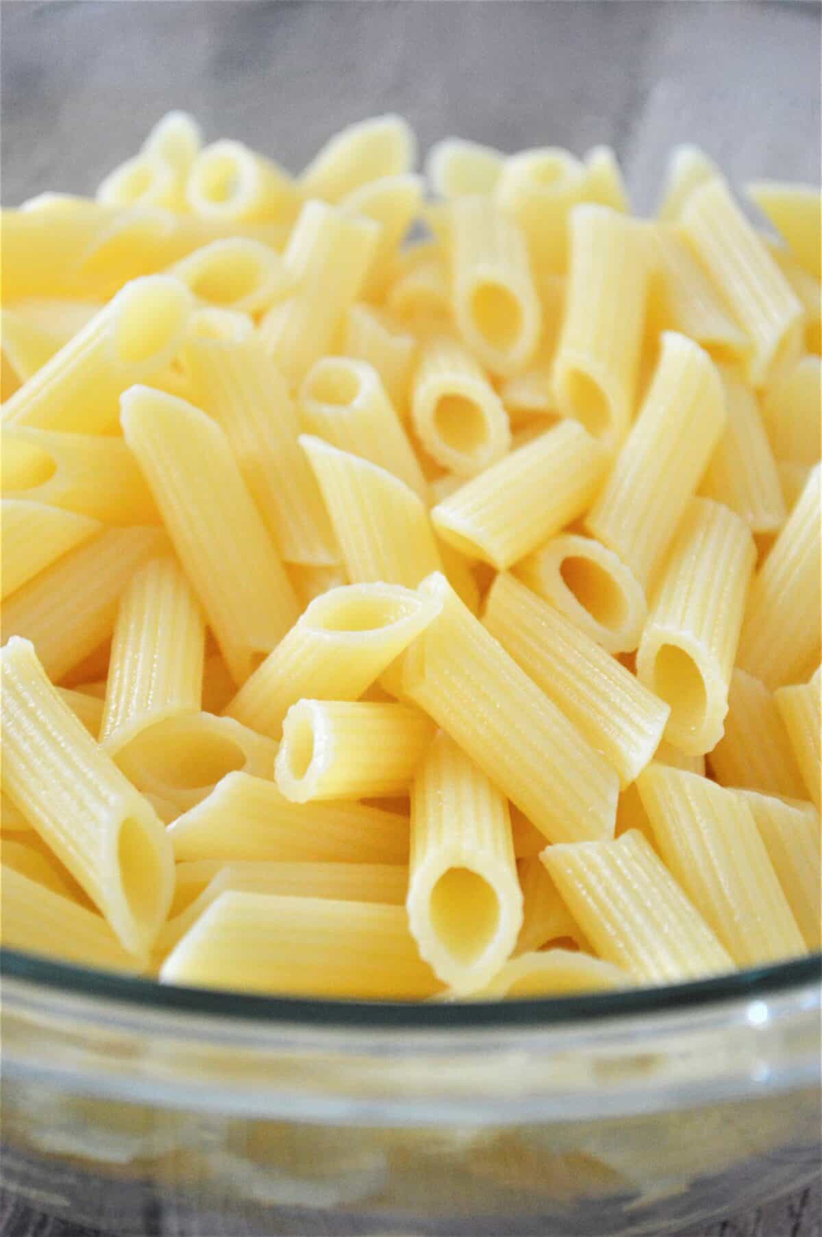 cooked pasta in a clear bowl