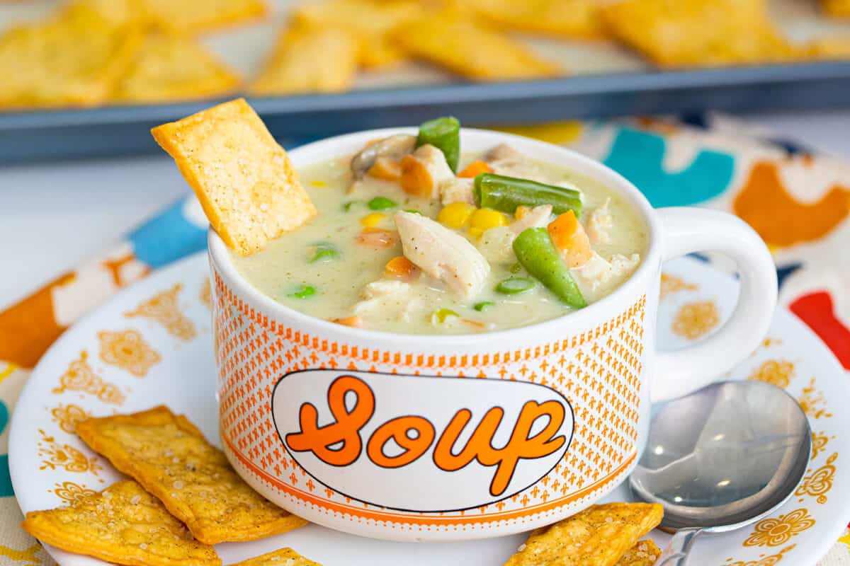 chicken pot pie soup in a soup bowl