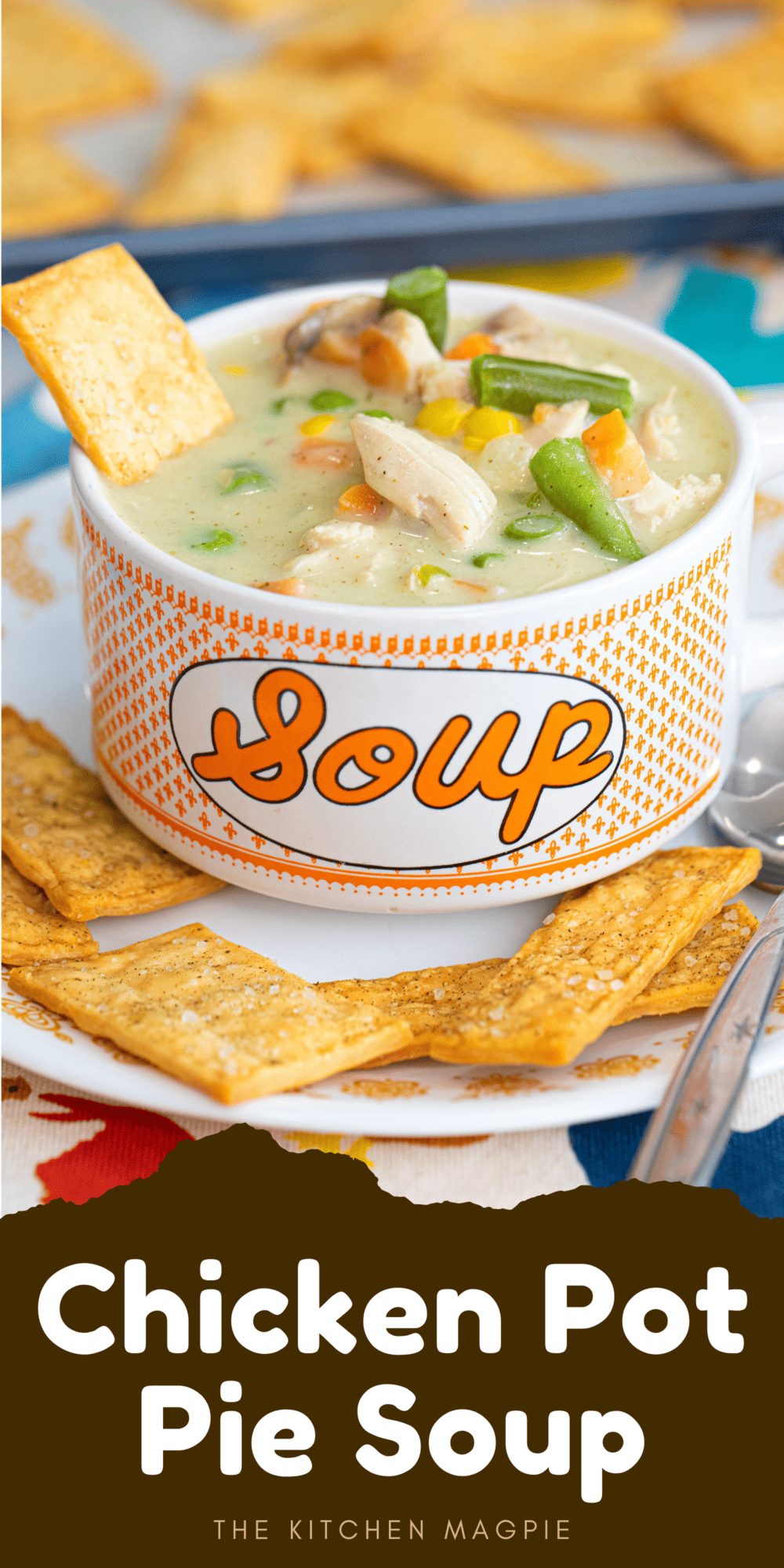 This hearty chicken pot pie soup has all the flavors of chicken pot pie but is way easier to make in soup form! The pie crust crackers are a great addition but can be skipped for a faster meal.