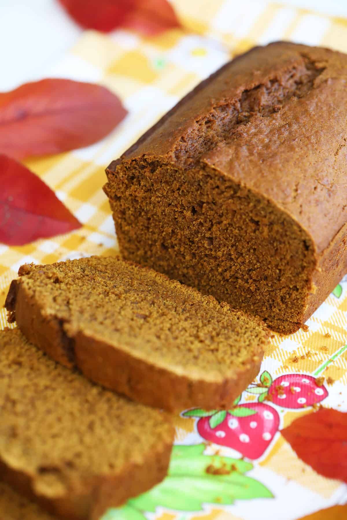 close up of sliced pumpkin gingerbread