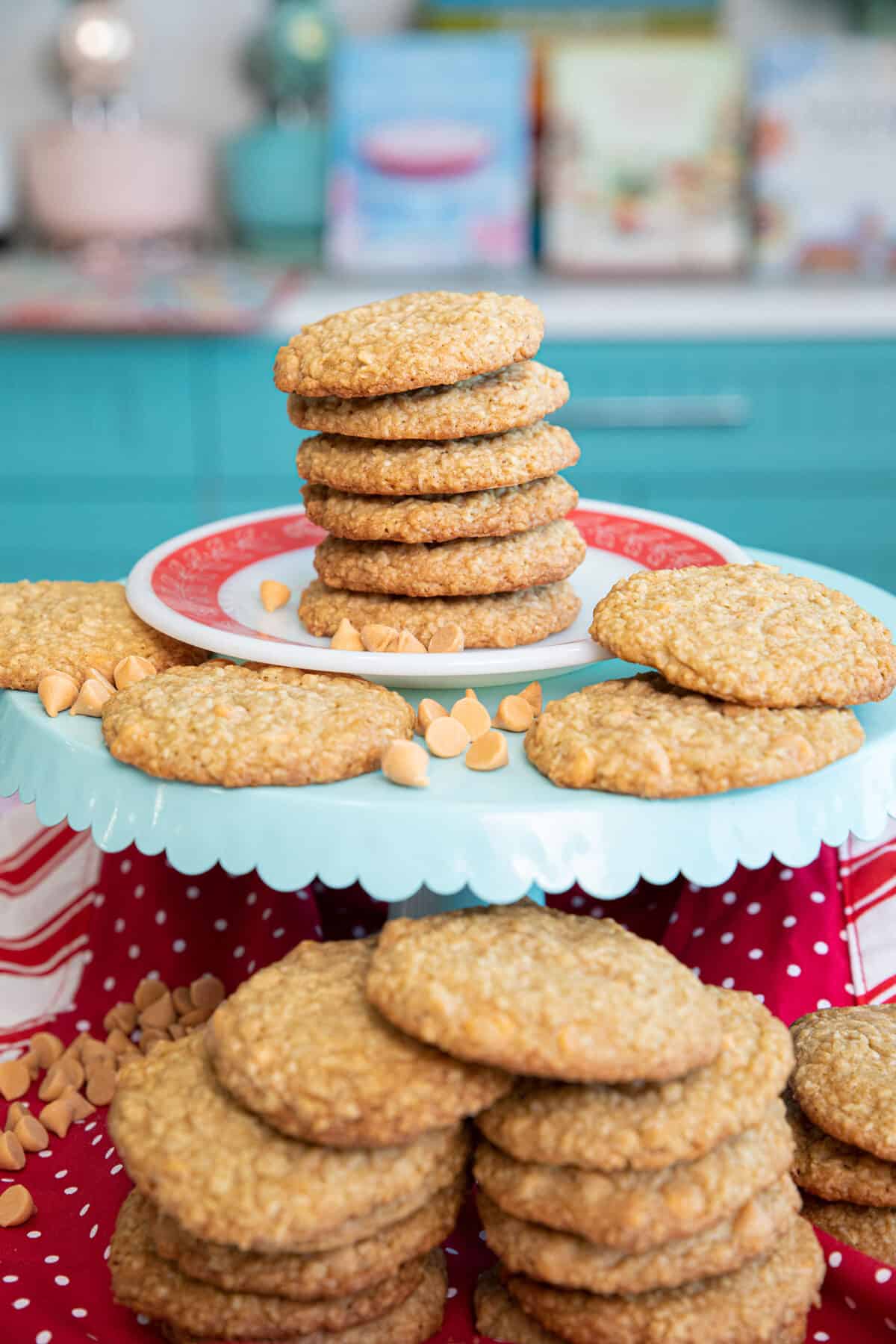 stacks of oatmeal butterscotch cookies in a turquoise kitchen