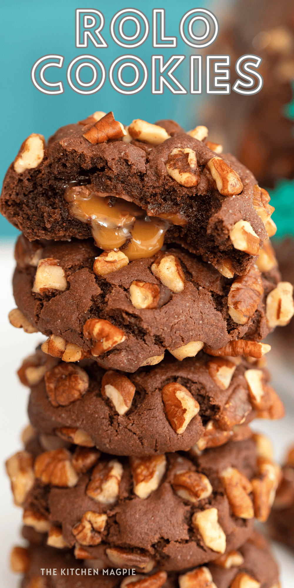 These Rolo cookies are a chocolate cookie that has a Rolo candy stuffed in the middle and then covered in pecans. An 80's cookies classic! 