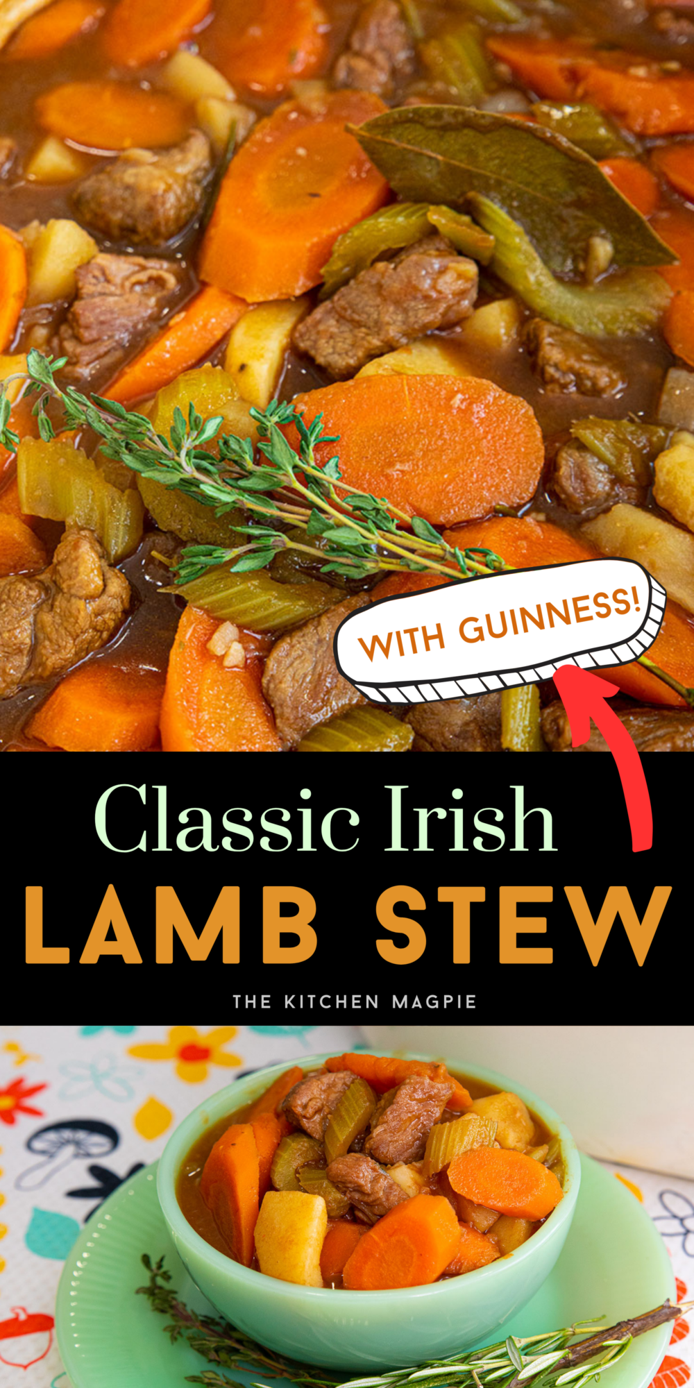 Tender chunks of lamb shoulder are simmered in a fresh herb and Guinness® tomato-based stew sauce that is loaded with vegetables.  The perfect dinner