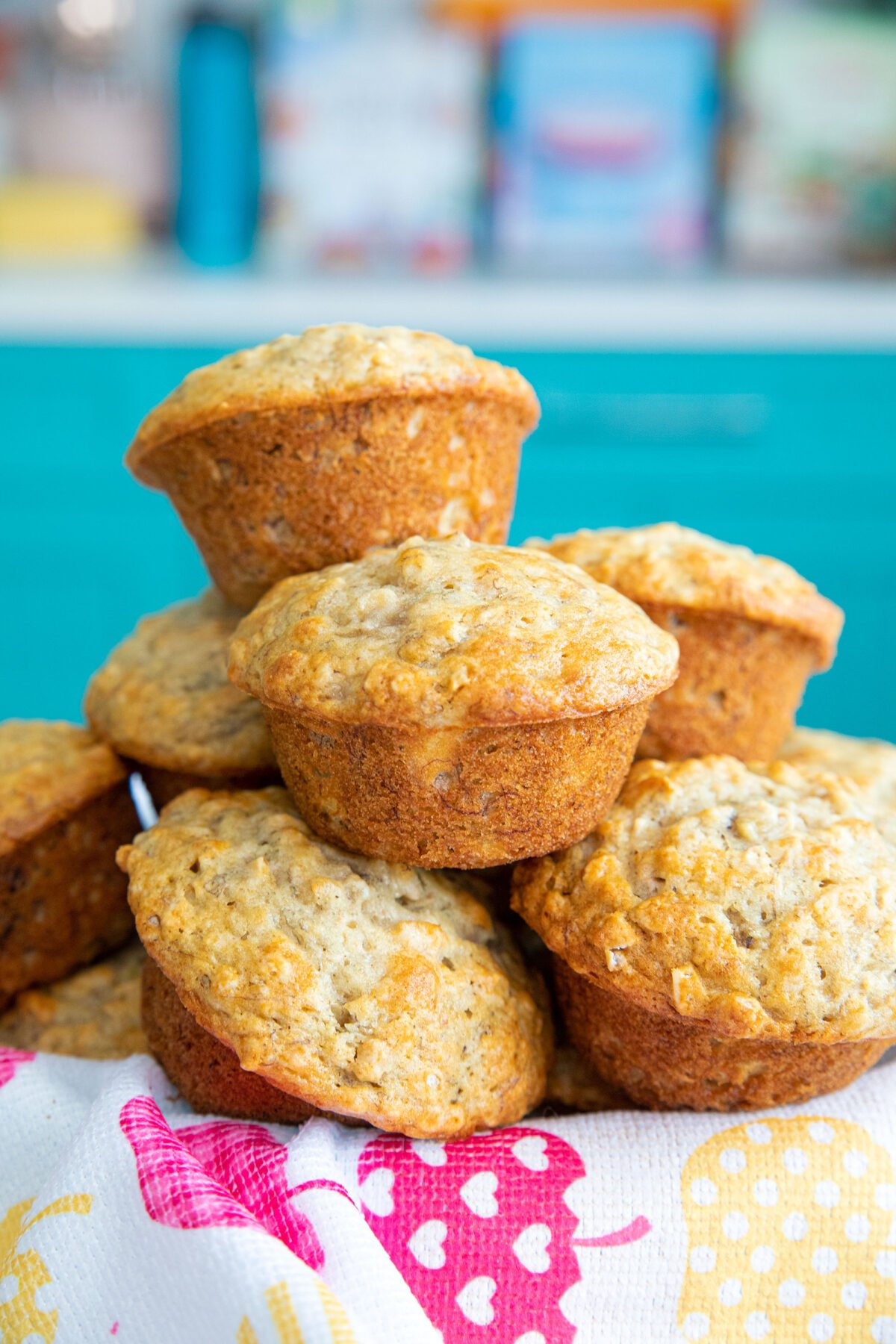 a stack of banana oatmeal muffins
