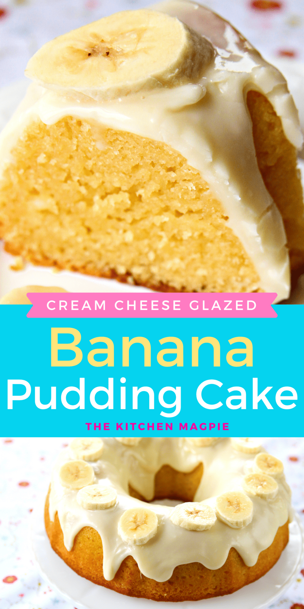 This banana pudding cake is topped with a decadent cream cheese glaze and is the best banana cake you will ever make!