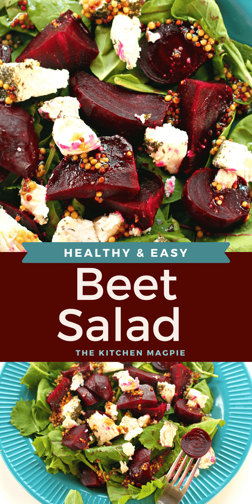Delicious roasted beets are tossed with a maple syrup mustard dressing, then served with goat cheese and assorted greens.