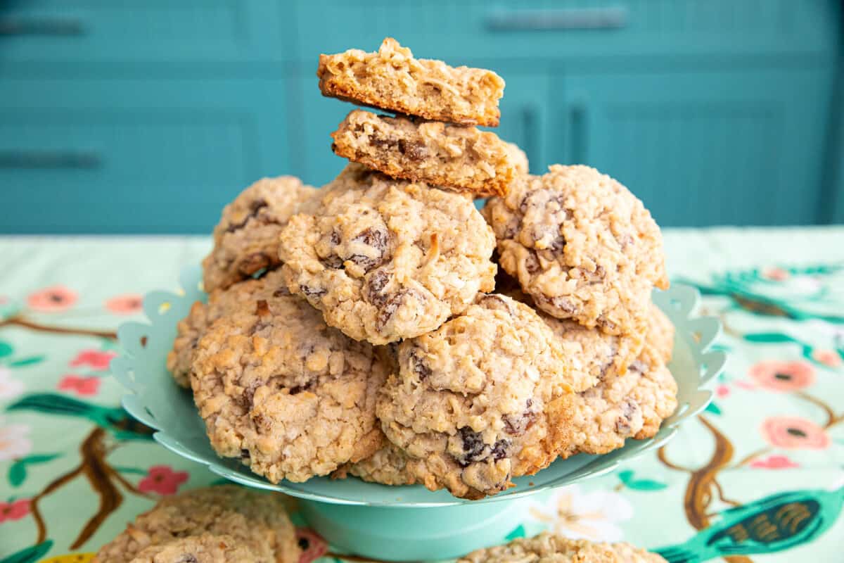 stack of chewy oatmeal coconut cookies