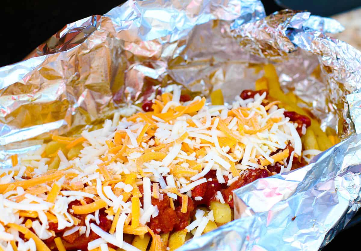 chili and shredded cheese over French fries