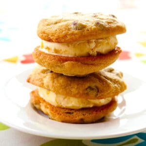 close up of Ice Cream Sandwich Chocolate Chip Cookies in a white plate