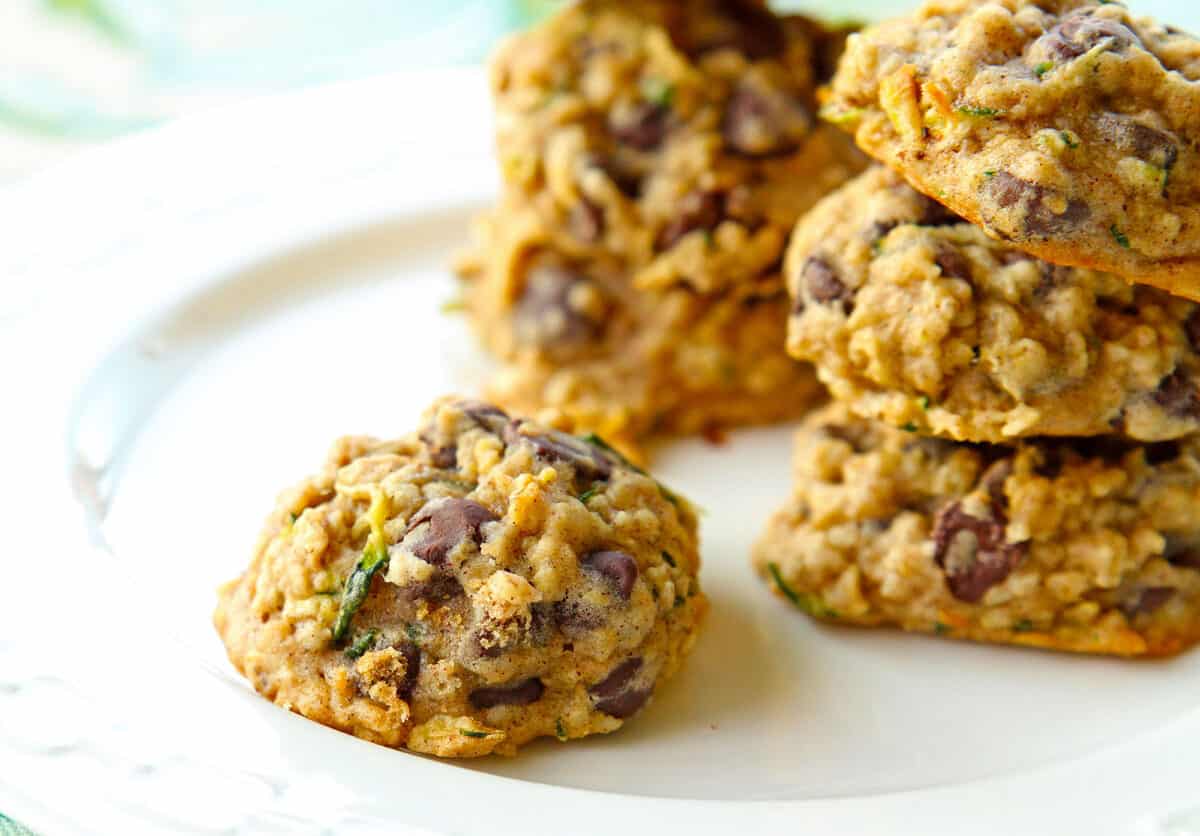 zucchini oatmeal chocolate chip cookies on a white plate