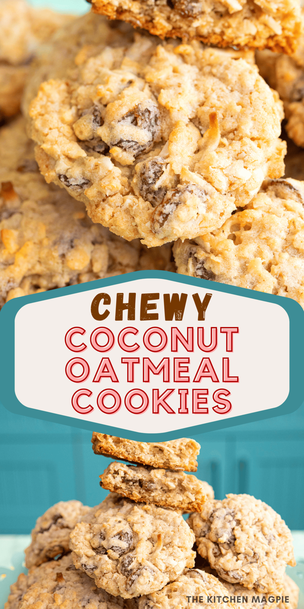 Deliciously chewy cookies loaded with coconut flakes, raisins, and oatmeal.  Try chocolate chips instead of raisins for a chocolate treat! 