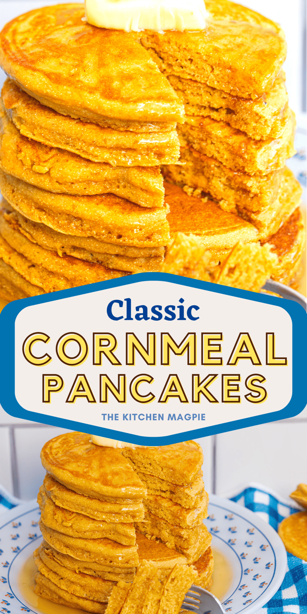 Classic cornmeal pancakes made with cornmeal, flour, and a hint of molasses for sweetness. Perfect for a sweet or savory meal. 