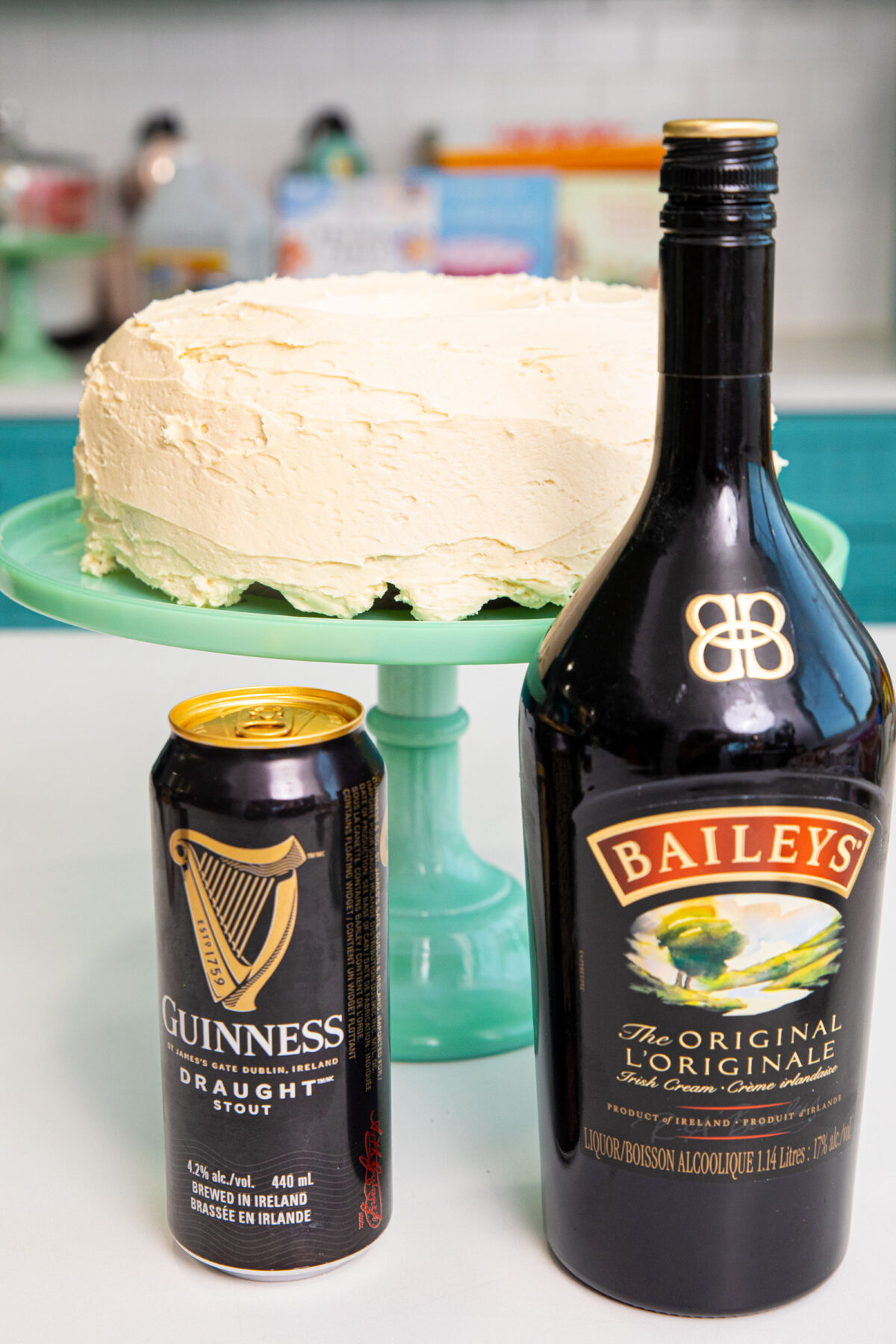 a bottle of Bailey's Irish cream and Guinness® with a Guinness® chocolate cake
