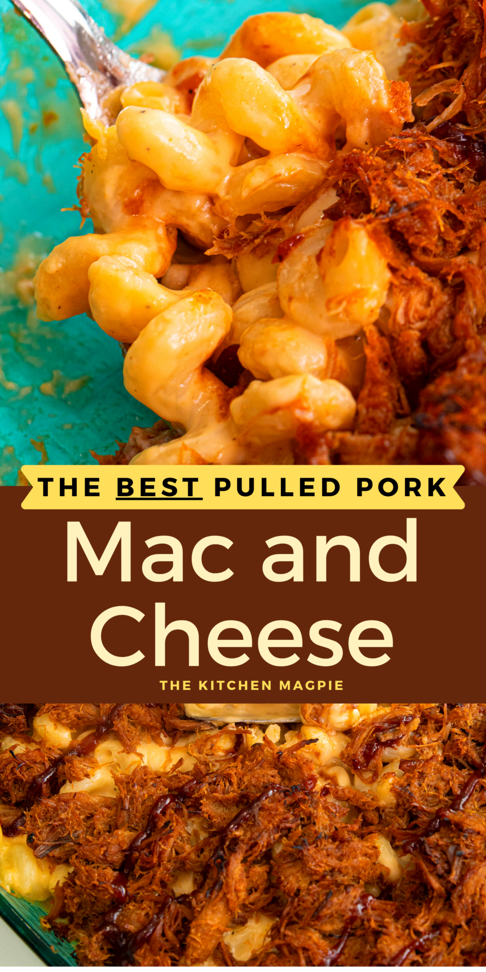 Decadent homemade mac and cheese topped with BBQ-flavored pulled pork, then baked to hot cheesy perfection! Great for leftover pulled pork!