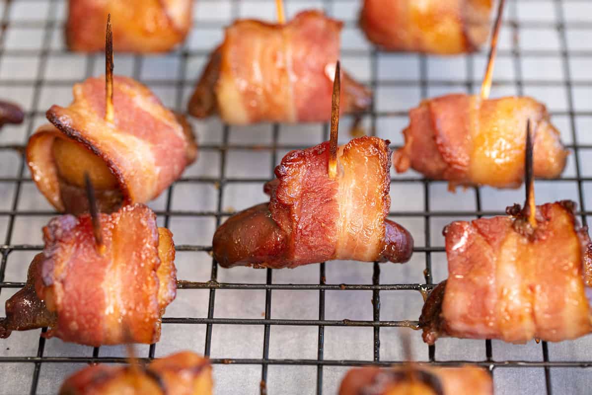 Bacon wrapped rumaki appetizers.