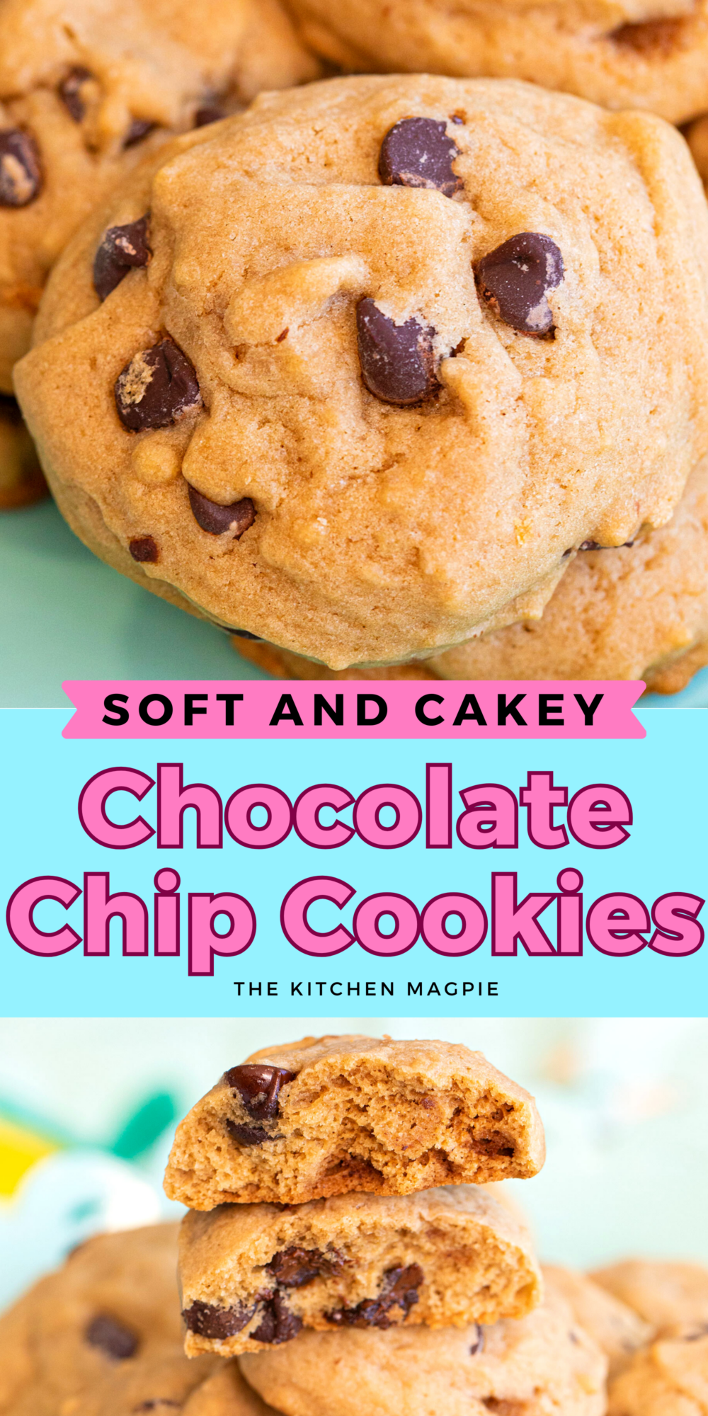 Chocolate chip cookies that are soft and pillowy inside. Perfect for those of you who like a cake-like texture to your cookies!