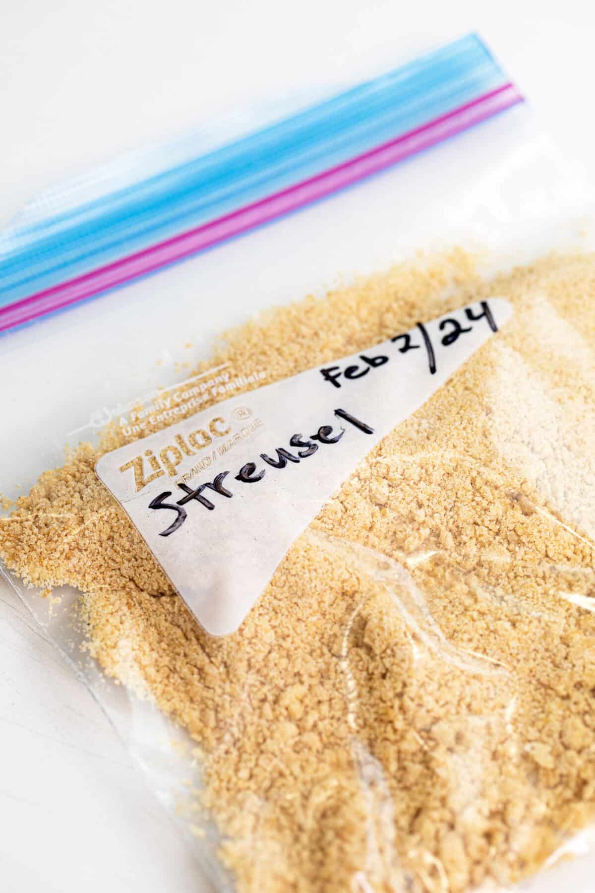 streusel topping in a ziploc bag with the date on the bag