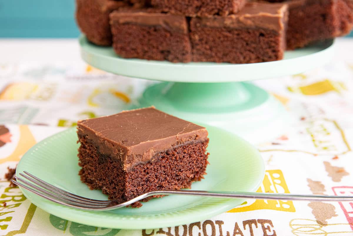 Rich Texas sheet cake topped with smooth chocolate icing.