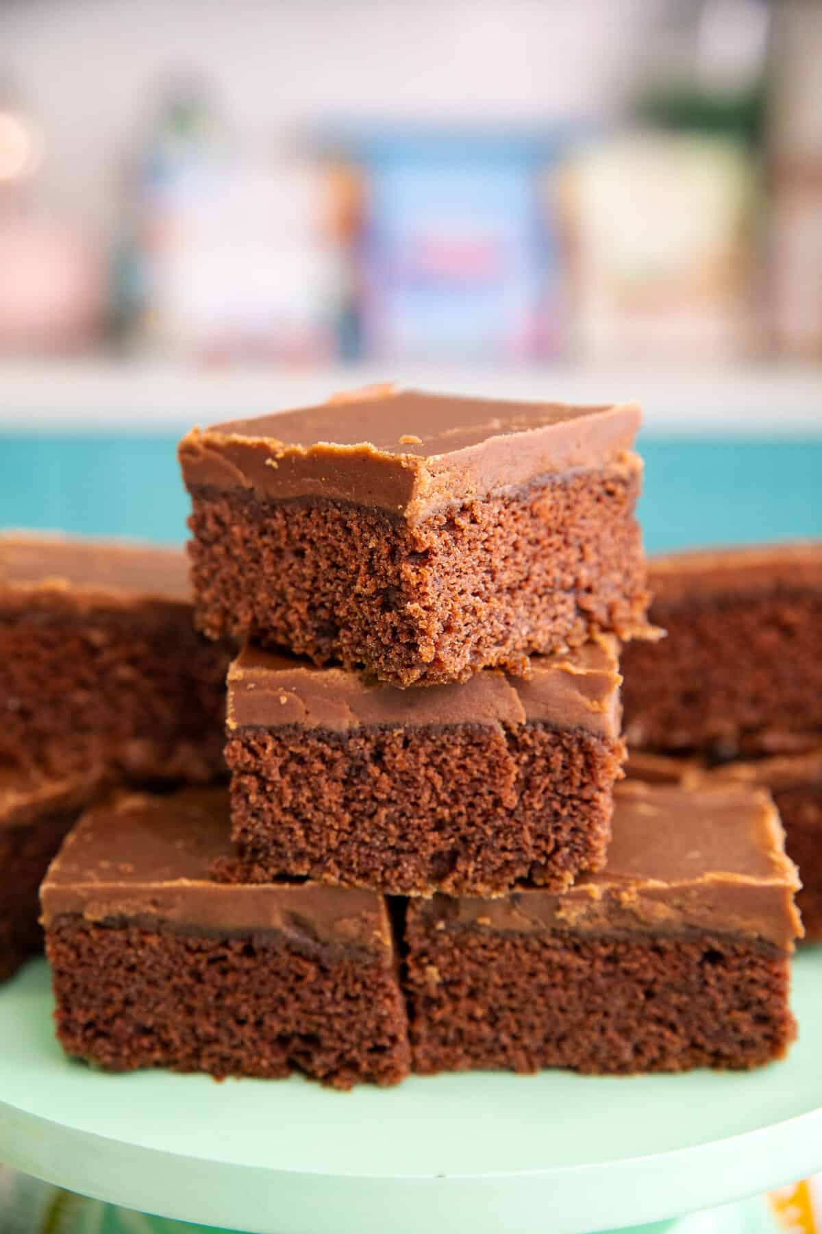 sliced Texas sheet cake in a stack