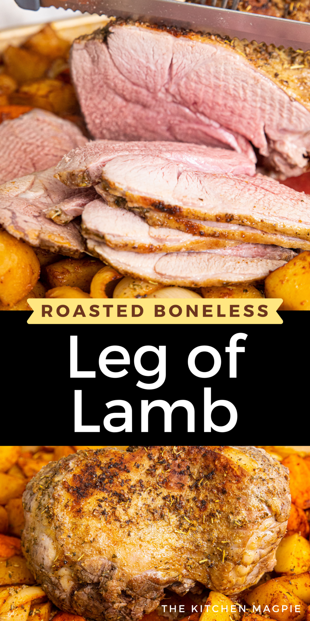 Boneless leg of lamb is covered with butter and lamb seasoning and then roasted on a baking sheet with vegetables for an easy and delicious one-pan mea