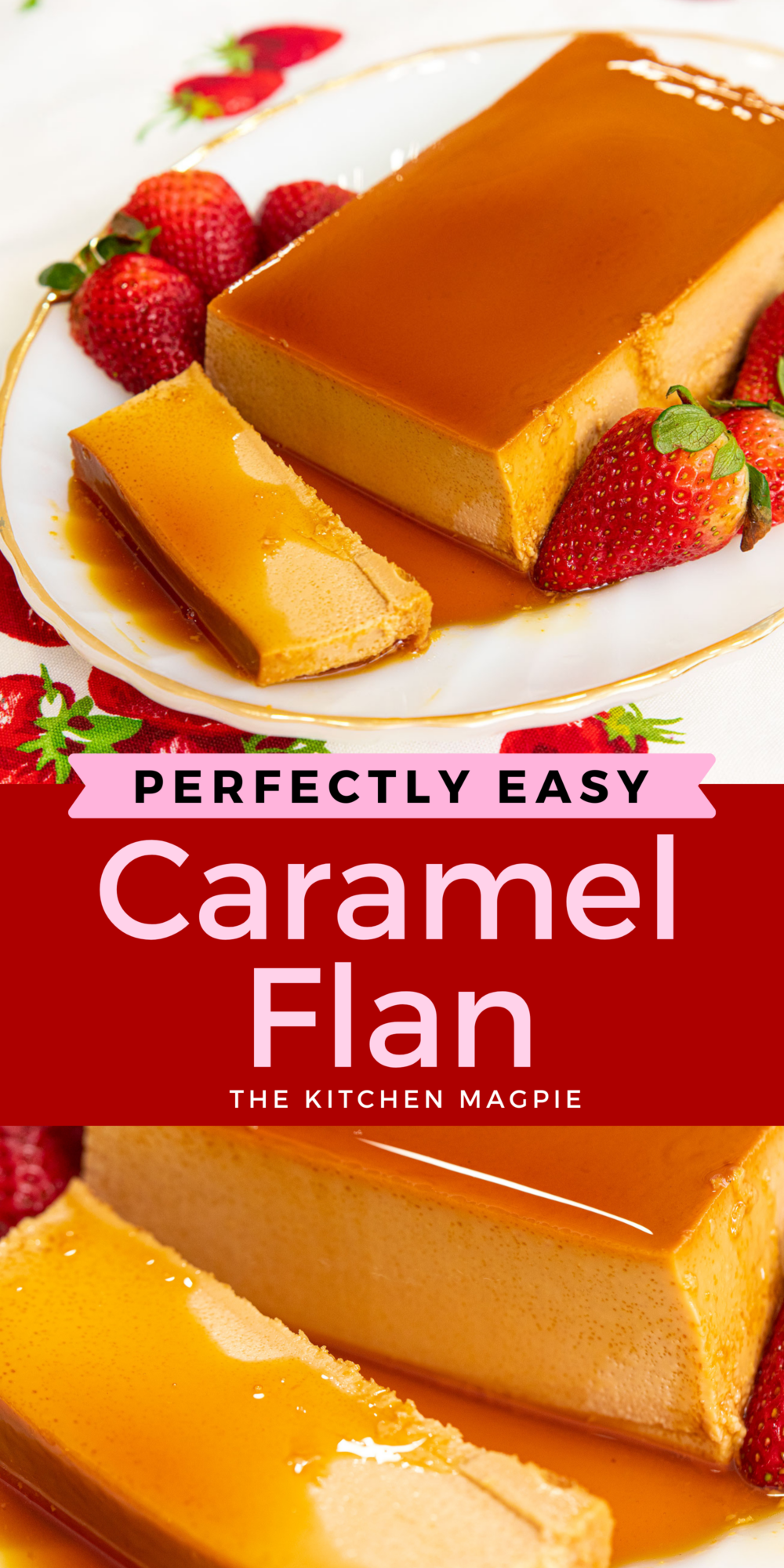 This decadent flan is a baked custard with caramelized sugar syrup on top. Inverted on a platter & sliced to serve, it's rich and delicious!