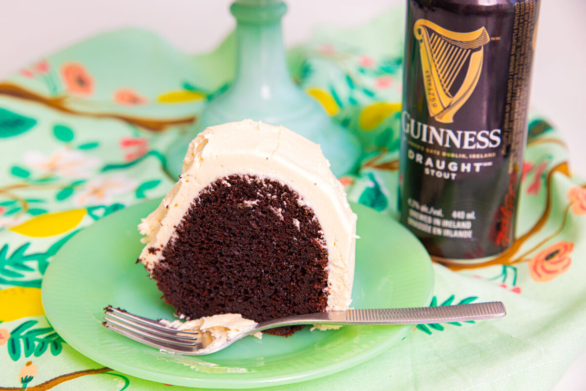 Guinness chocolate cake on a green plate