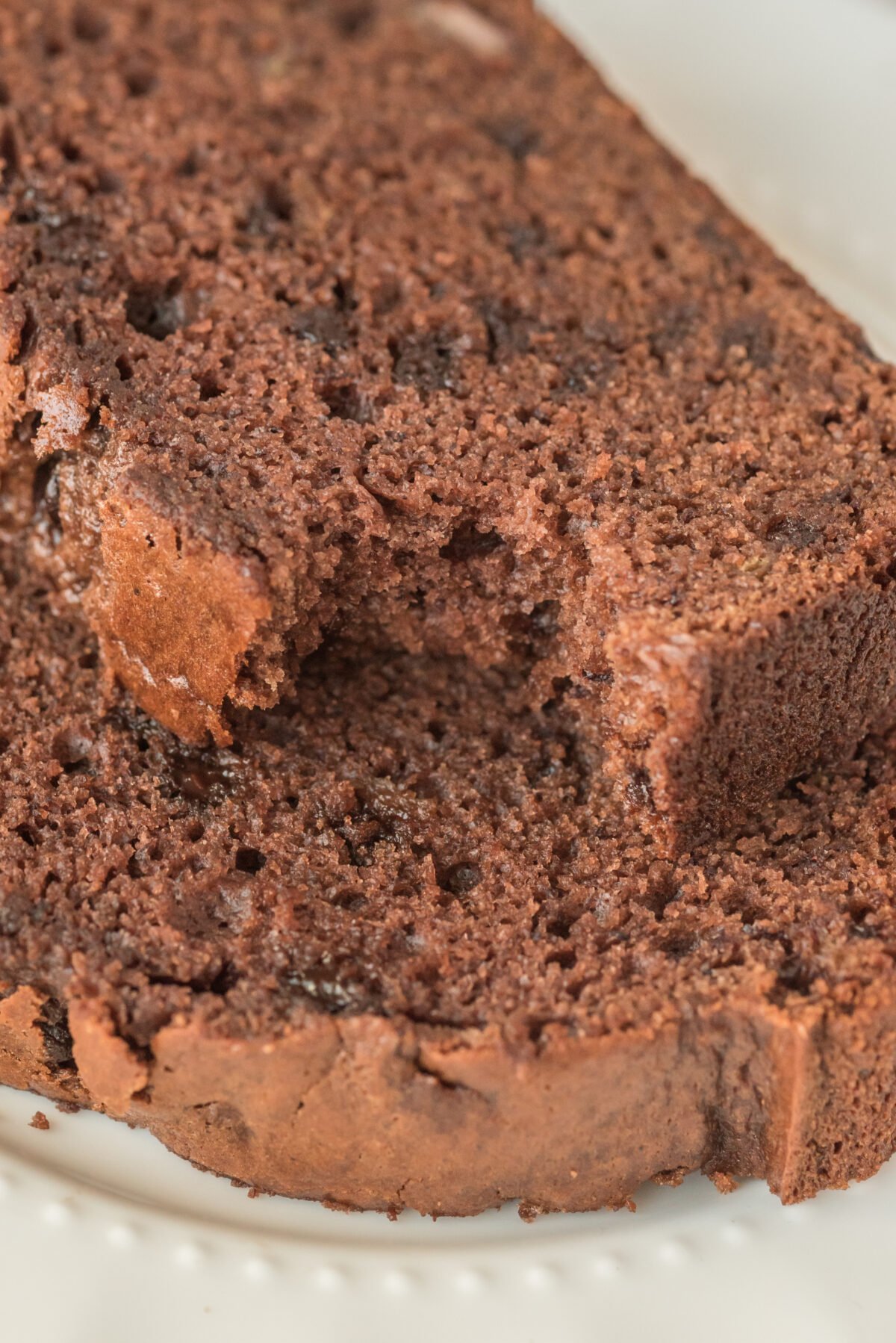 Close up of a slice of chocolate banana bread