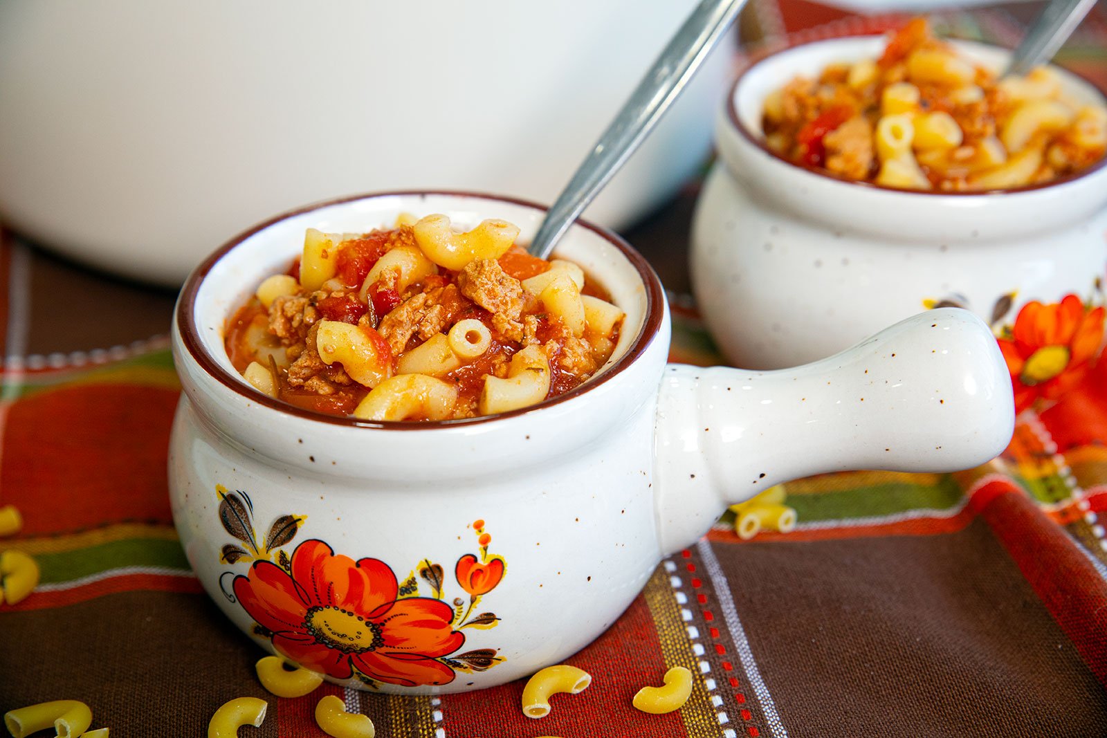 Hearty soup with ground turkey, macaroni, and veggies.