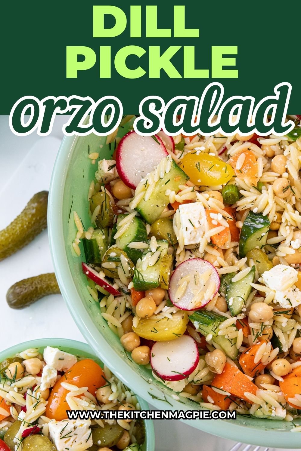 Dill Pickle Chickpea Orzo Salad
Fresh, tangy, and packed with flavor, this chickpea orzo salad combines tender orzo, crisp veggies, hearty chickpeas, and plenty of dill pickles topped with a zesty pickle vinaigrette.