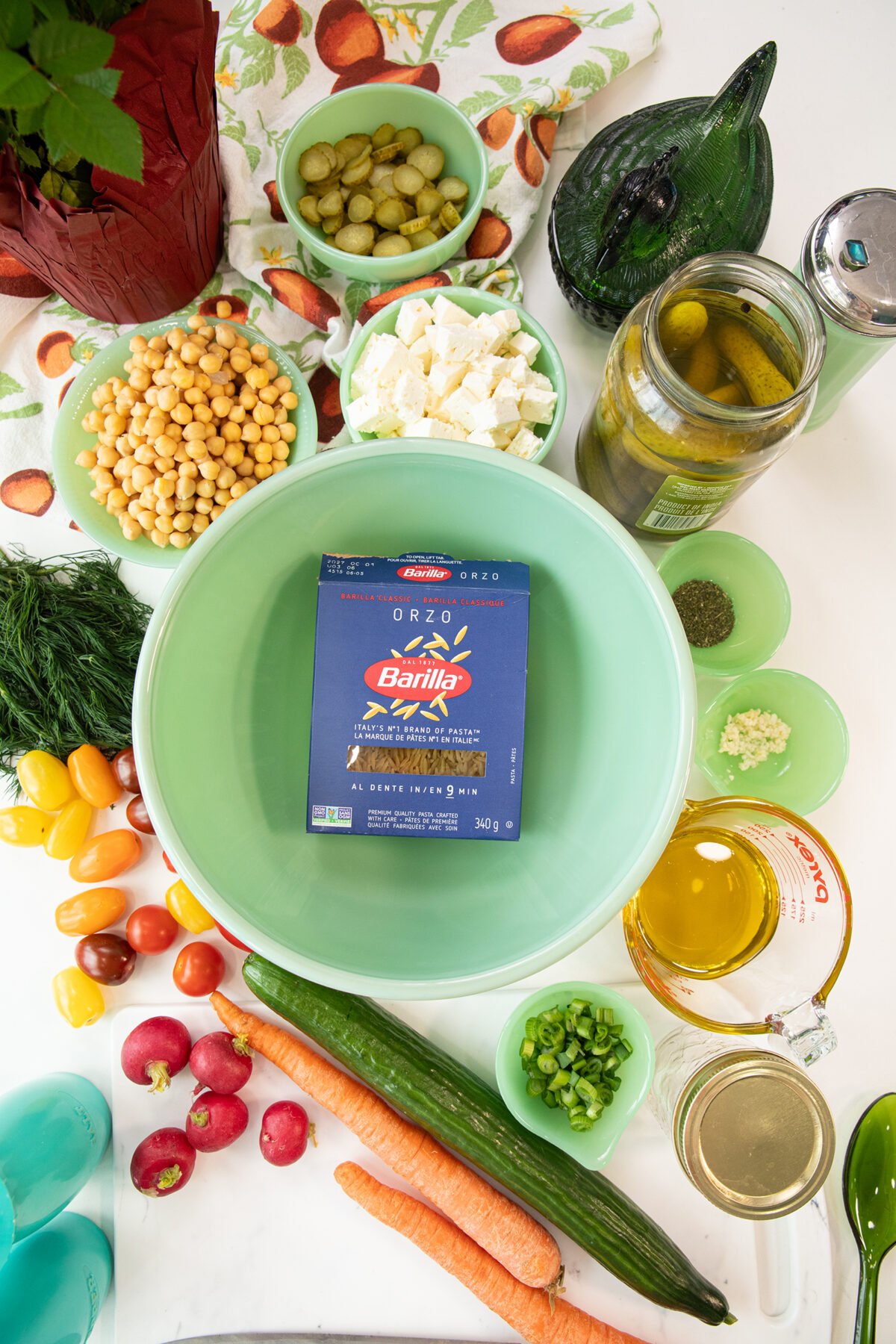 ingredients for dill pickle chickpea orzo salad