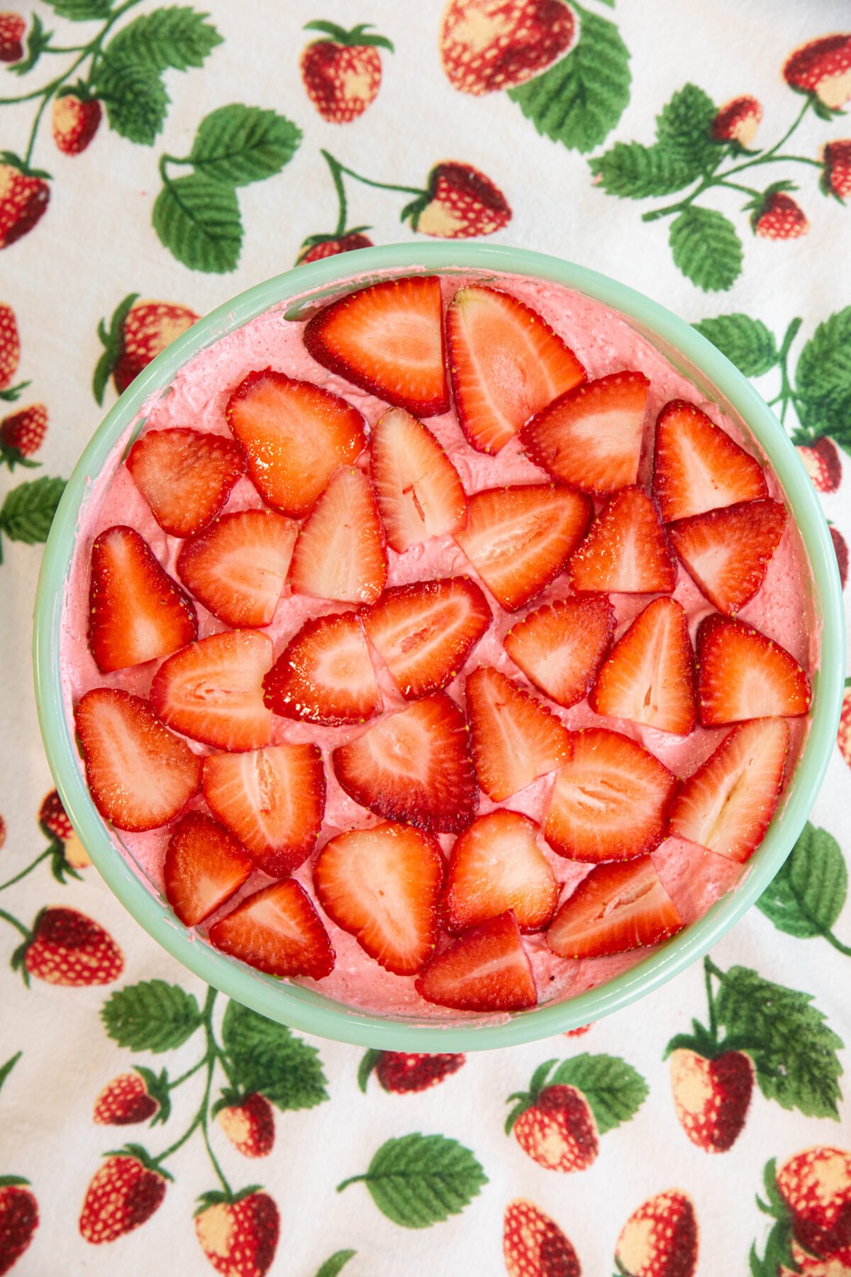 Strawberry fluff in a jadeite bowl