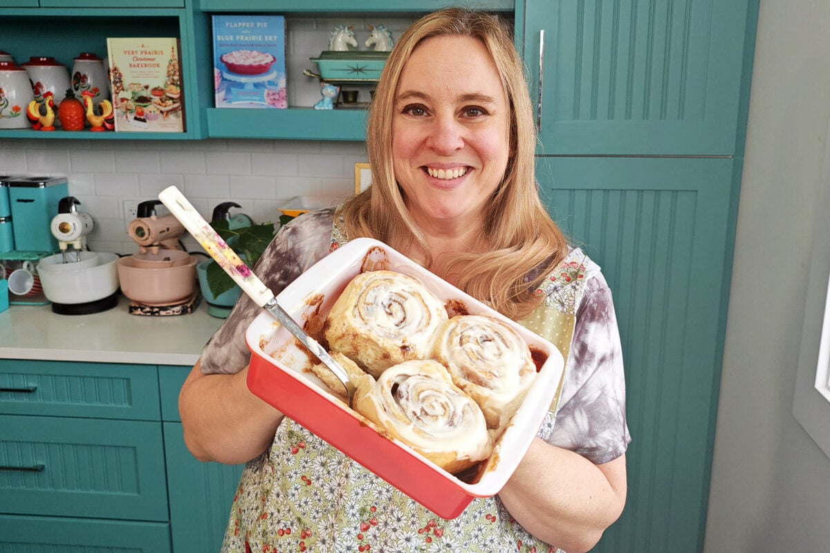 Karlynn and her cinnamon buns recipe in a pan