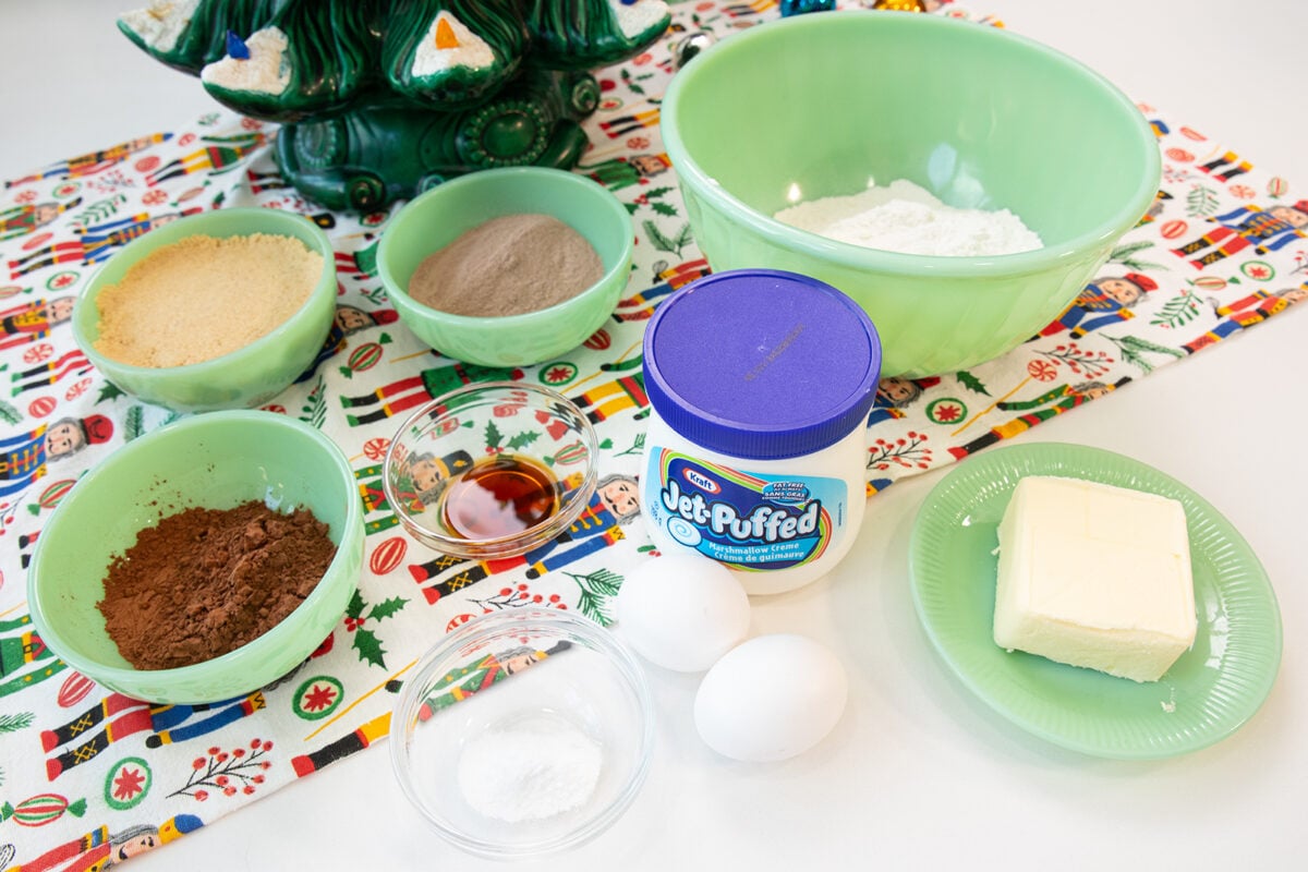 ingredients for marshmallow brownies on a white counter