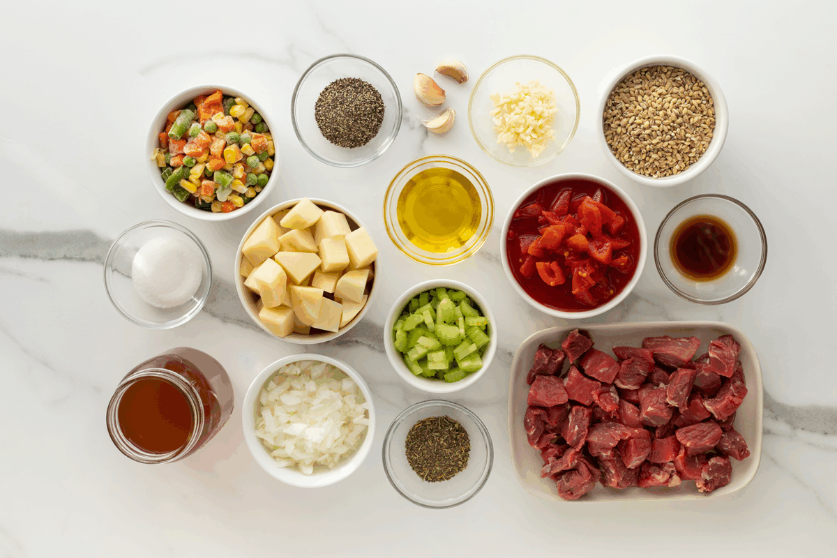 Top-down view of ingredients for a stew, including diced beef, chopped potatoes, celery, diced onions, mixed vegetables, canned tomatoes, oil, spices, broth, minced garlic, and two garlic cloves, all in separate bowls.