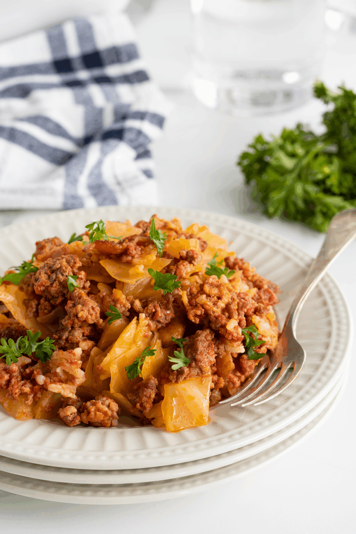 A plate of cabbage casserole with ground beef, rice, tomato sauce, and fresh parsley is served on stacked white plates with a fork, with a blue-striped napkin and parsley in the background.