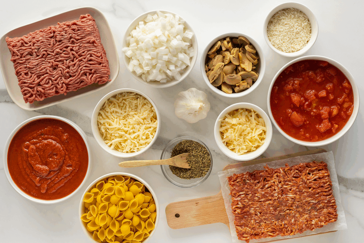 A top view of lasagna ingredients, including ground beef, chopped onion, mushrooms, rice, canned tomatoes, marinara sauce, grated cheese, pasta shells, herbs, a garlic bulb, and bacon strips on a wooden board.