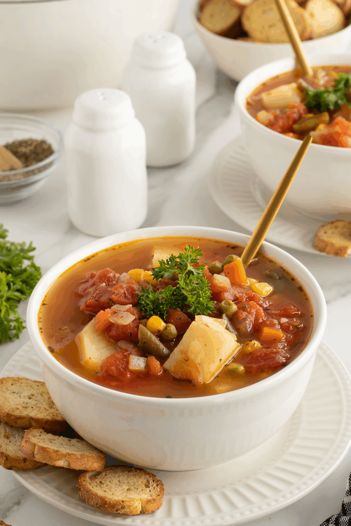 A bowl of vegetable soup with tomatoes, potatoes, corn, carrots, and green beans, garnished with parsley. A spoon is in the bowl, and toasted bread slices are on the plate beside it. Another bowl is in the background.