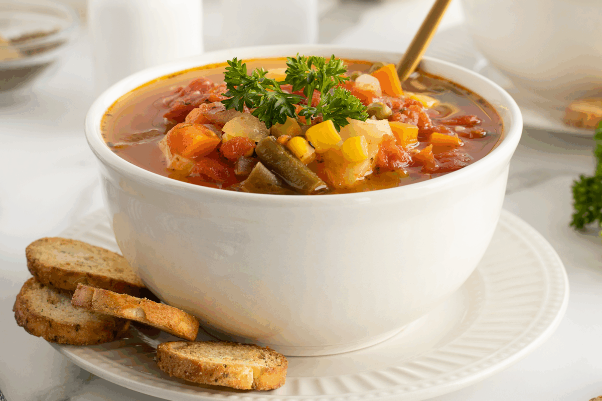A white bowl filled with vegetable soup, topped with parsley, sits on a white plate with three slices of toasted bread on the side. A spoon is placed inside the bowl.