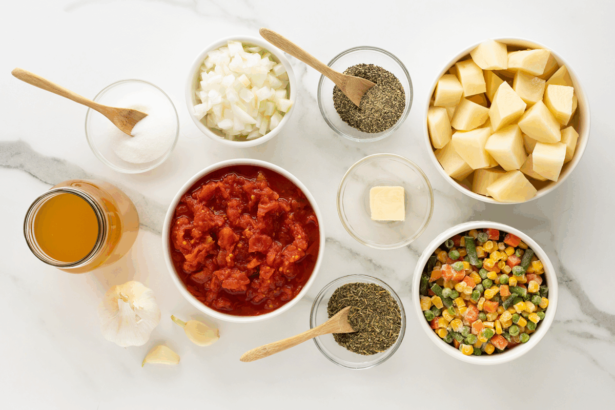 Overhead view of ingredients in bowls: chopped potatoes, diced tomatoes, chopped onions, mixed frozen vegetables, dried herbs, a pat of butter, vegetable broth, sugar, salt, and garlic cloves on a marble surface.