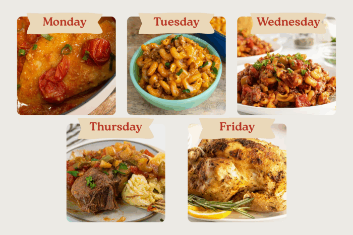 A weekly meal plan September 1 graphic shows different dishes for each weekday: chicken with tomatoes (Monday), macaroni pasta (Tuesday), pasta with beans and sausage (Wednesday), pot roast with mashed potatoes (Thursday), and roasted chicken (Friday).