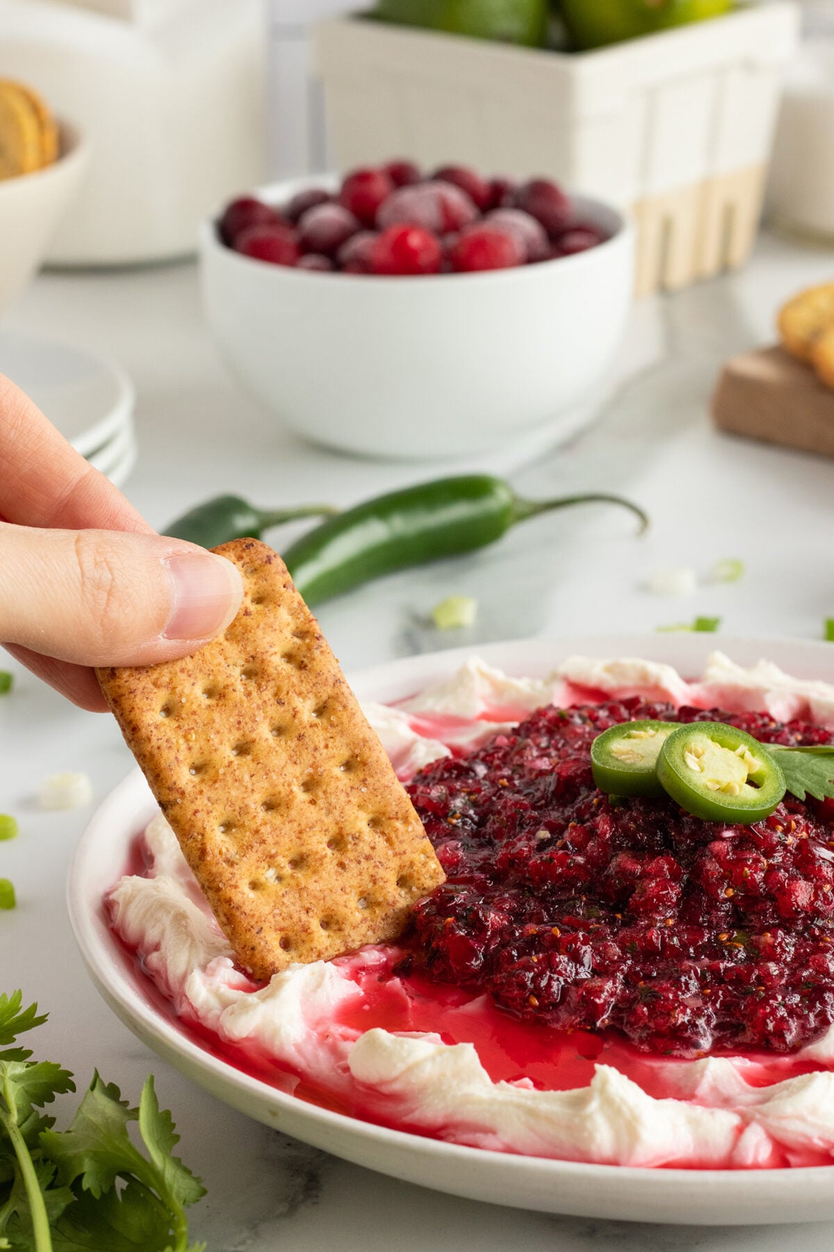 A hand dips a rectangular cracker into a plate of creamy dip topped with cranberry salsa and sliced jalapeños. Fresh cranberries, crackers, and green chili peppers are visible in the background.