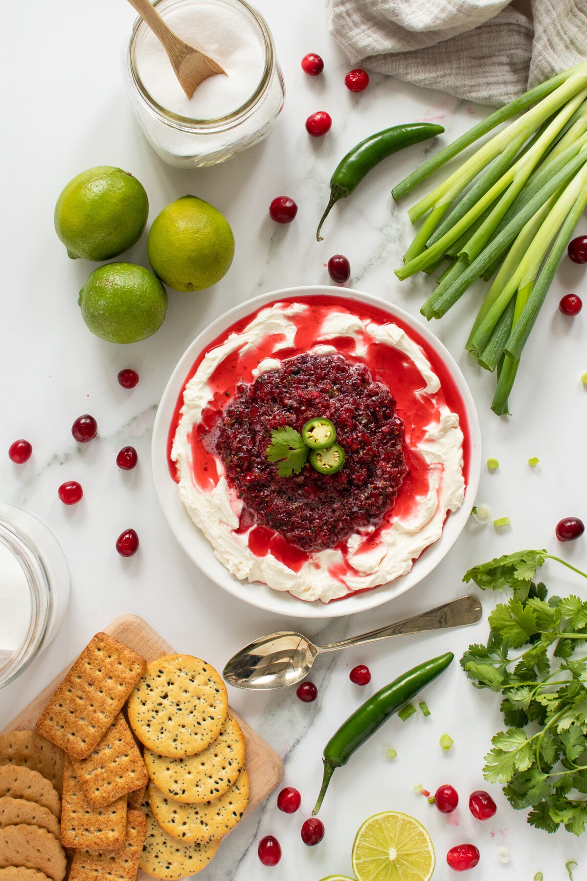 A plate of creamy dip topped with cranberry sauce and sliced jalapeños, surrounded by crackers, limes, green onions, cilantro, and fresh cranberries on a white surface.