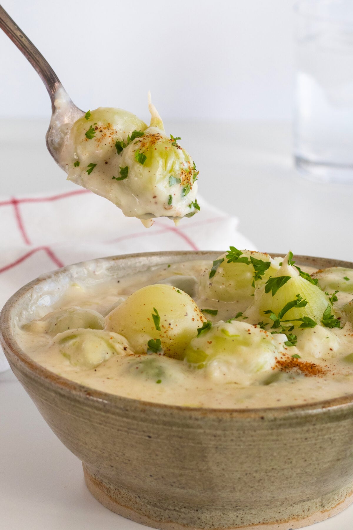A ceramic bowl filled with creamy potato soup, garnished with chopped parsley. A spoon lifts a bite of the soup, showing small potatoes and green herbs. A checkered cloth and a glass of water are in the background.
