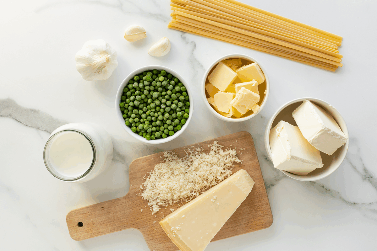 Ingredients for a pasta dish arranged on a white surface, including dry spaghetti, garlic cloves, peas, butter, cream cheese, milk, and a block of Parmesan cheese with grated cheese on a small wooden board.