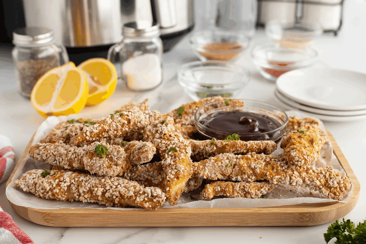 A wooden board topped with crispy breaded chicken tenders, garnished with parsley, served with a bowl of dark dipping sauce. Sliced lemons, seasonings, and stacked plates are in the background.