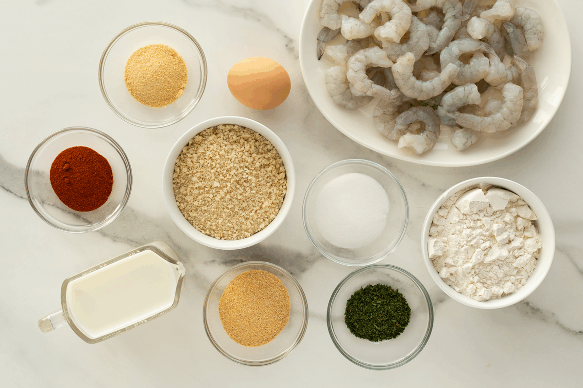 Various ingredients are arranged on a white countertop, including raw shrimp on a plate, an egg, and small bowls filled with flour, bread crumbs, paprika, garlic powder, parsley, sugar, and a glass container of milk.