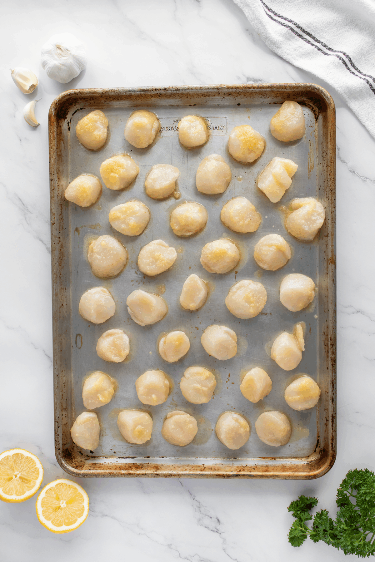 A baking sheet with raw scallops arranged in rows. Surrounding the tray are garlic cloves, a head of garlic, a halved lemon, fresh parsley, and a striped kitchen towel on a marble countertop.