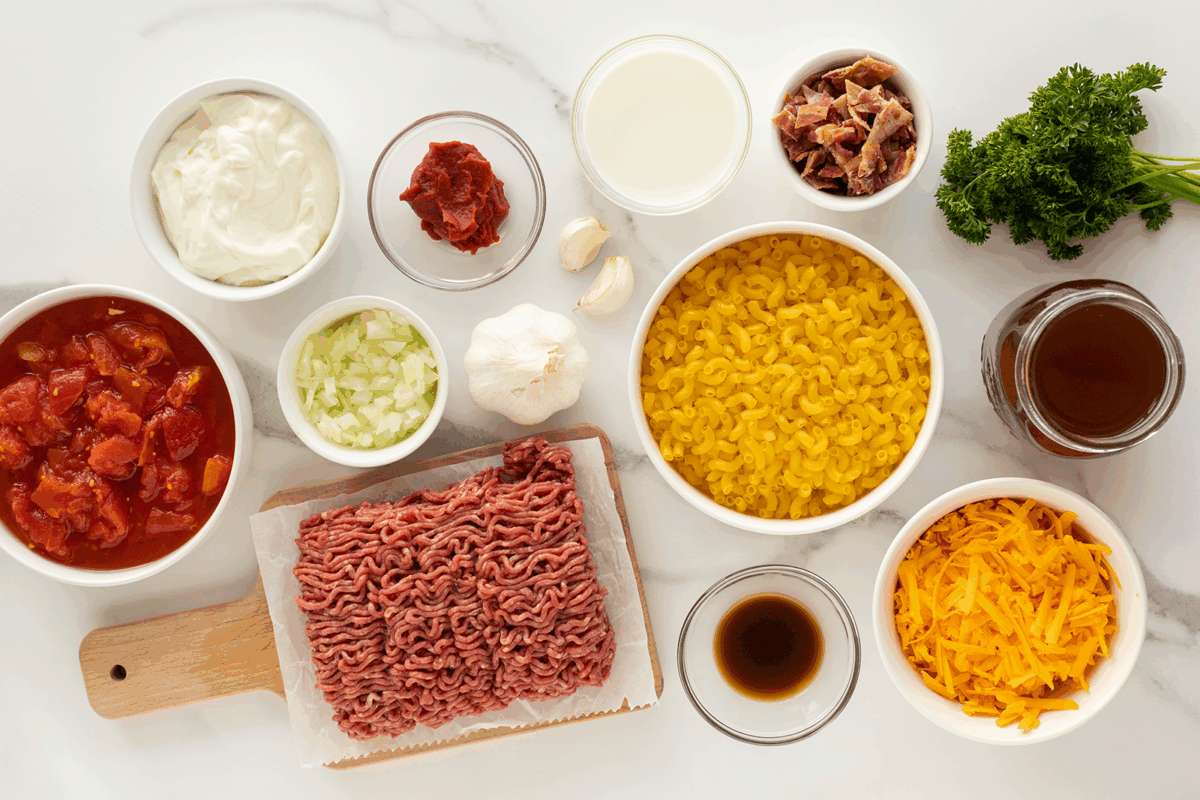 A top-down view of ingredients for a casserole, including ground beef, elbow macaroni, shredded cheddar, diced tomatoes, broth, cream, onions, garlic, herbs, sour cream, tomato paste, and seasonings on a white surface.