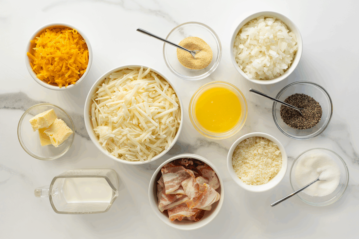 Top-down view of bowls and cups filled with shredded cheese, hash browns, diced onions, melted butter, sour cream, bacon pieces, shredded cheese, milk, butter, pepper, and garlic powder on a white surface.